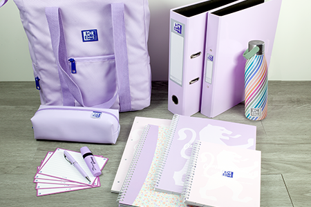 Oxford Lavender Tote Bag, Pencil Case, A4 Notebook, A5 Notebook, Flash Cards, Pelikan Pens, Water Bottle