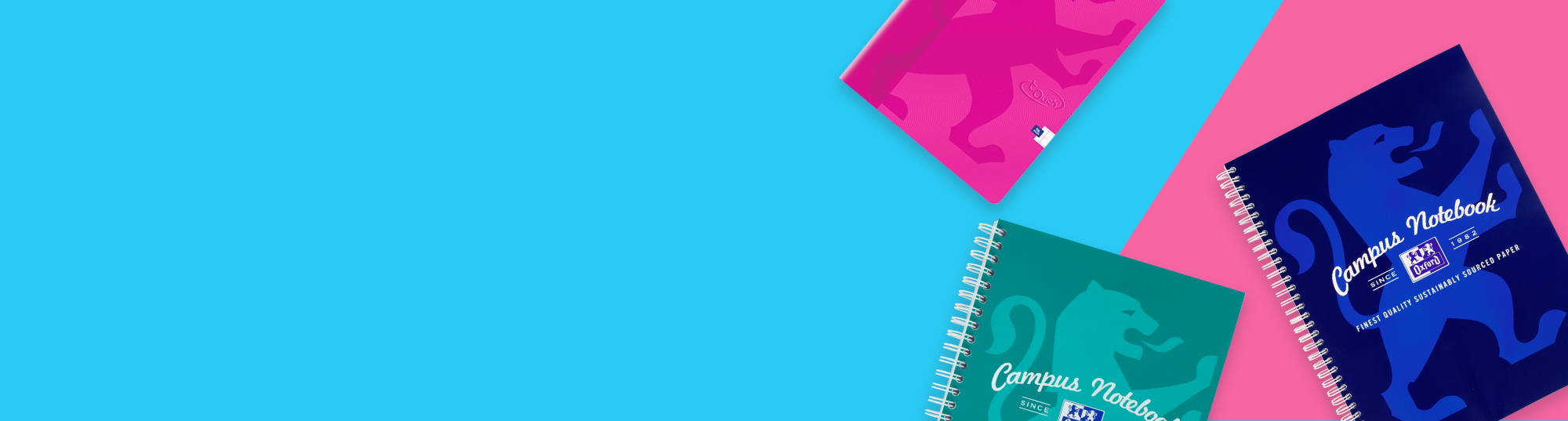 Three colorful notebooks with spiral binding on a blue, pink, and teal background