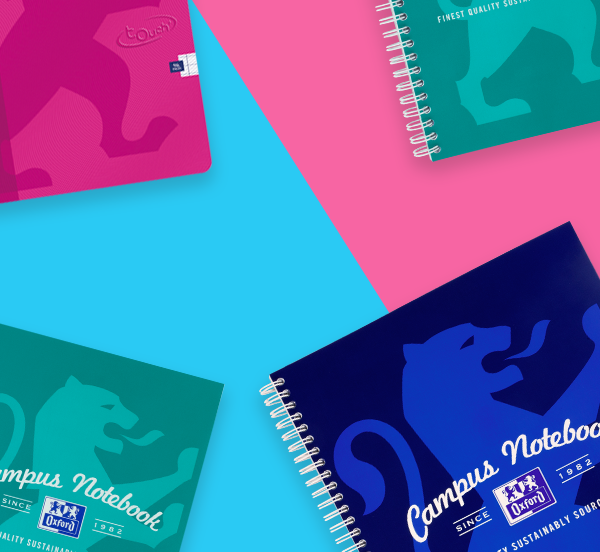 Colorful notebooks with a visible logo on a multicolored background