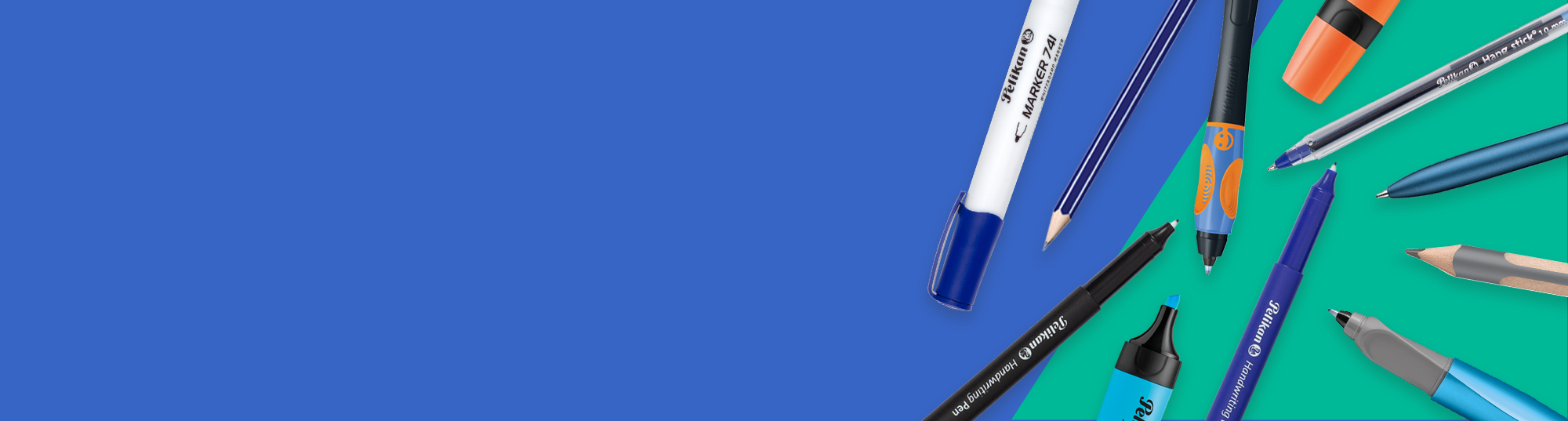 Assorted markers on a blue and green gradient background