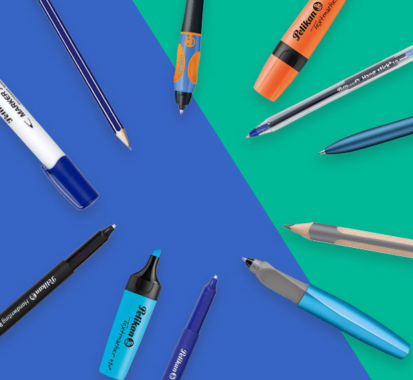 Assorted markers and pens on a blue and green background