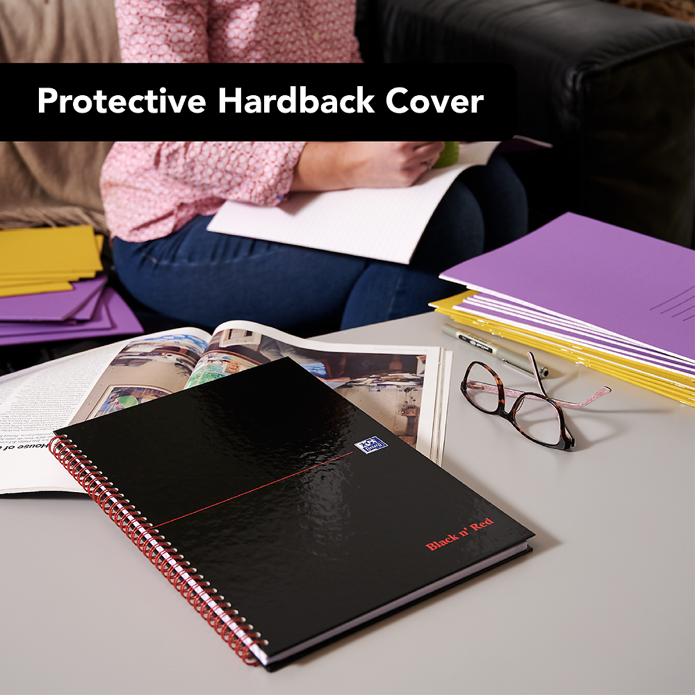 Oxford Black n' Red A4 Glossy Hardback Wirebound Notebook 5mm Square Ruled 140 Page, Pack of 5