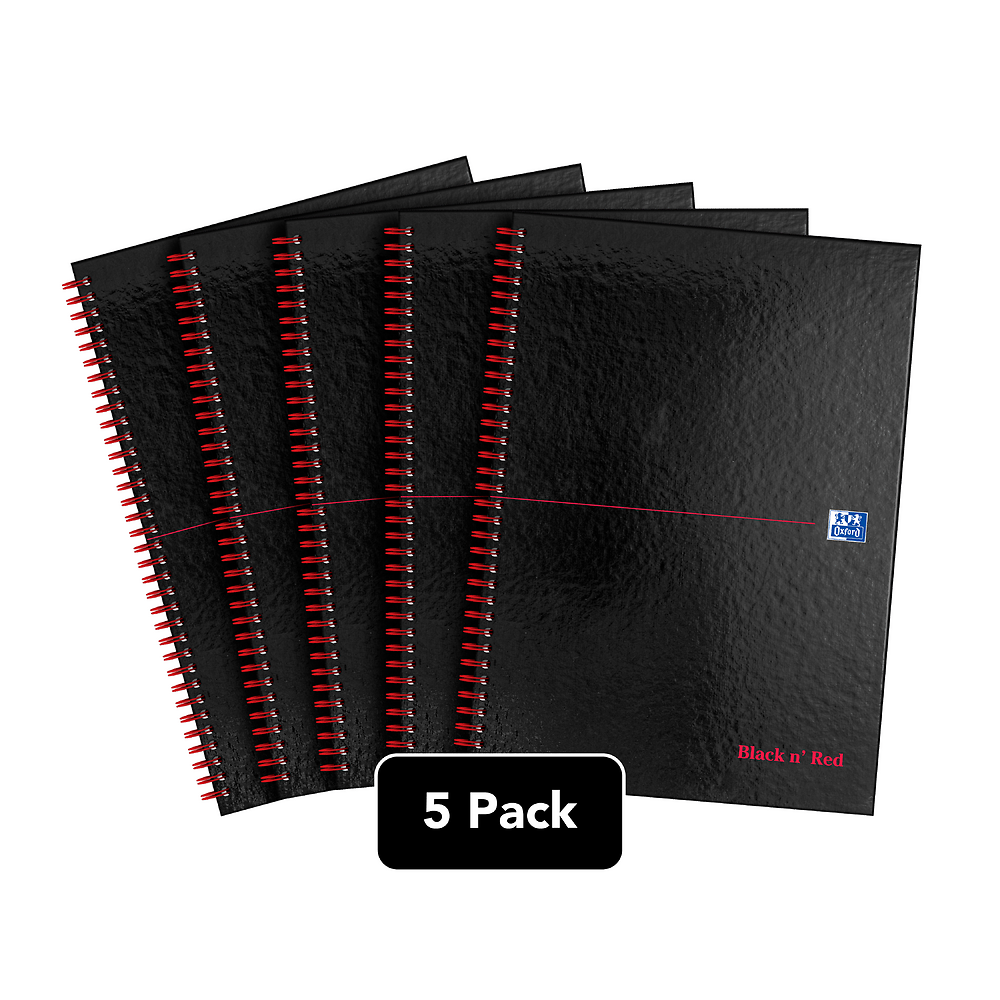 Oxford Black n' Red A4 Glossy Hardback Wirebound Notebook, Ruled and Perforated, 140 Page, Pack of 5