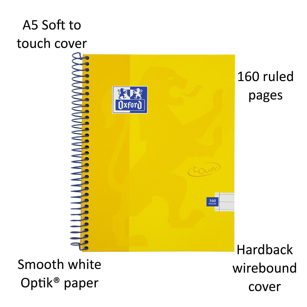 Oxford Touch A5 160 Page Wirebound Hardback Notebook, Yellow