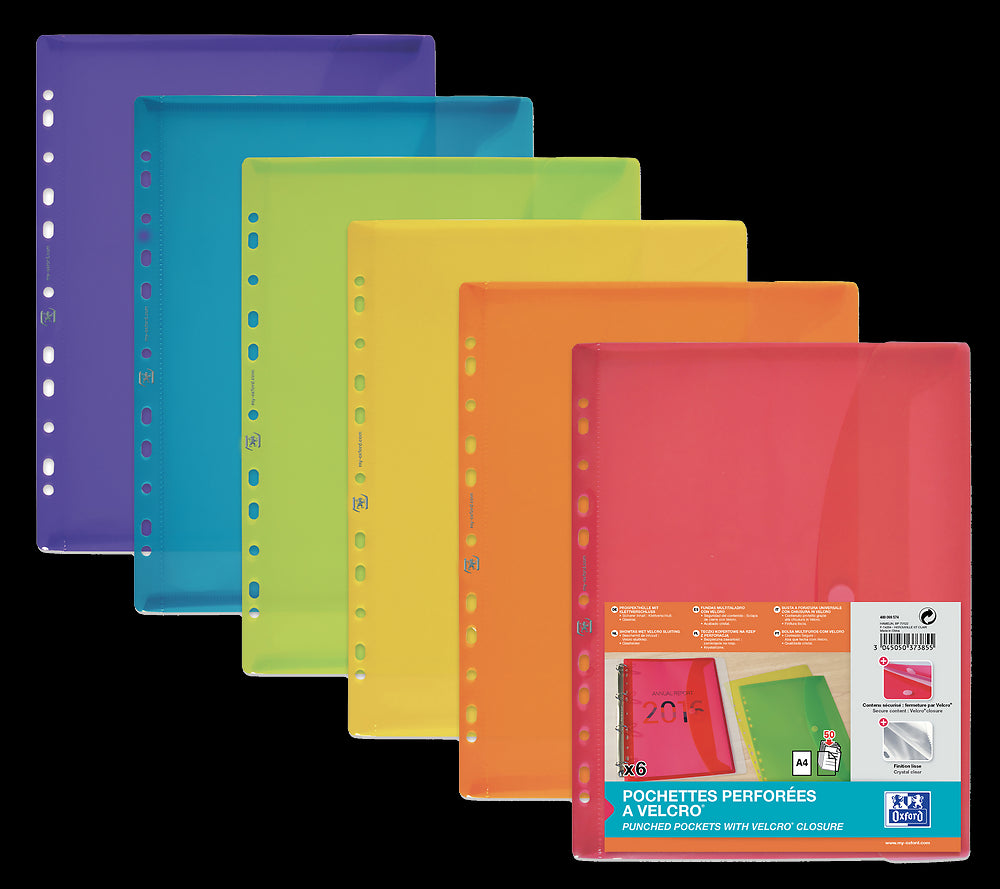 6 Velcro Close A4 Punched pockets, Polypropylene in assorted colours