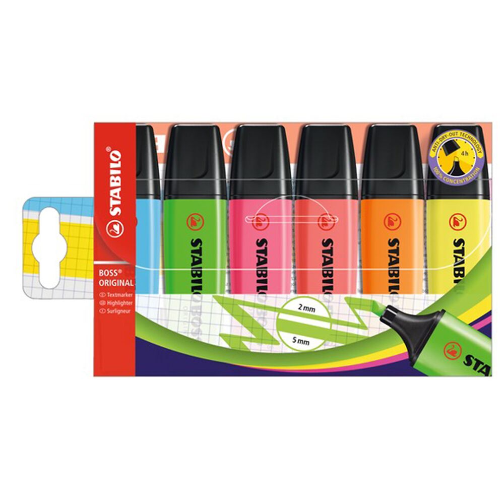 STABILO BOSS ORIGINAL Highlighters , Pack of 6, Assorted Bright Colours