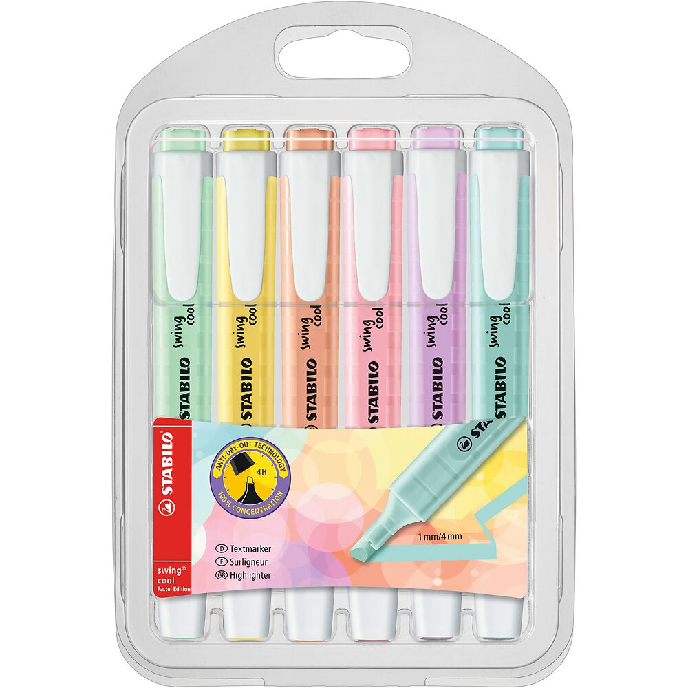 STABILO swing cool Pastel highlighters, Pack of 6, Assorted pastel Colours